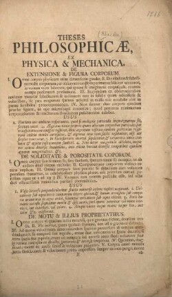 Theses philosophicæ, ex physica & mechanica.