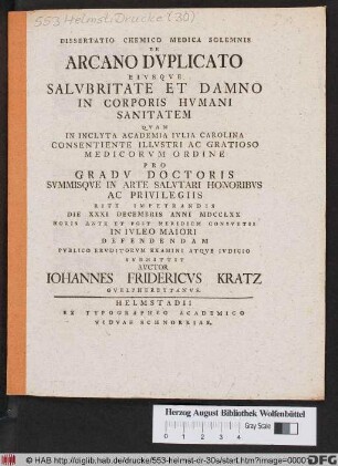 Dissertatio Chemico Medica Solemnis De Arcano Dvplicato Eivsqve Salvbritate Et Damno In Corporis Hvmani Sanitatem