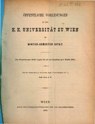 Vorlesungsverzeichnis. 1876/77. WS