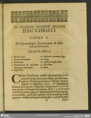 Caput I. De Etymologia, Synonymia & definitione Inventarii