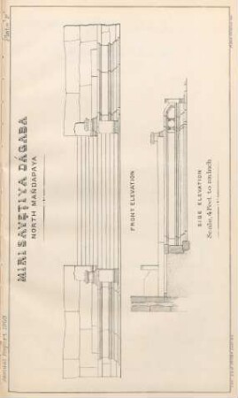 Plate 'F'. Mirisavetiya dágaba. North Mandapaya. Front elevation. Side elevation