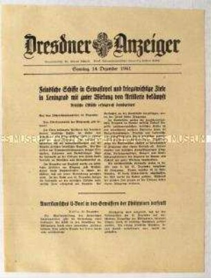 Nachrichtenblatt "Dresdner Anzeiger" u.a. zur Bombardierung der britischen Ostküste, feindlicher Schiffe in Sewastopol und "kriegswichtiger" Ziele in Leningrad