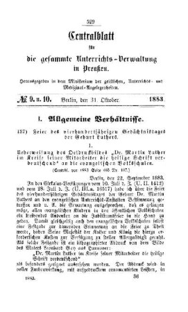Feier des vierhundertjährigen Gedächtnistages der Geburt Luthers : [I. Allgemeine Verhältnisse]