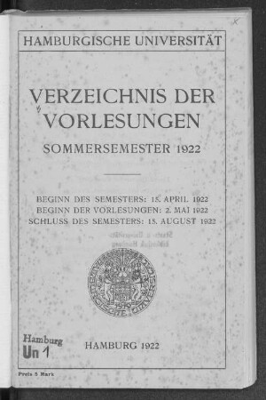SS 1922: Verzeichnis der Vorlesungen // Hamburgische Universität