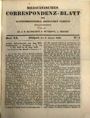 Medicinisches Correspondenzblatt des Württembergischen Ärztlichen Vereins. 20. 1850