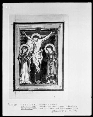 Psalterium mit Kalendarium aus Aldersbach — Kreuzigung Christi mit Johannes und Maria, Folio 92verso