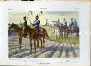 Uniformdarstellung, Gemeine und Offiziere der Dragoner-Regimenter, Preußen, 1910/1912. Tafel 10 aus: Knötel: Preußen, Unser Heer.