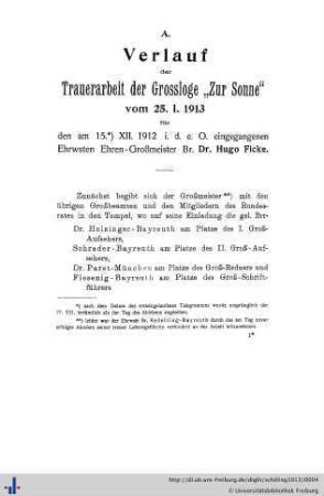 A. Verlauf der Trauerarbeit der Grossloge "Zur Sonne"