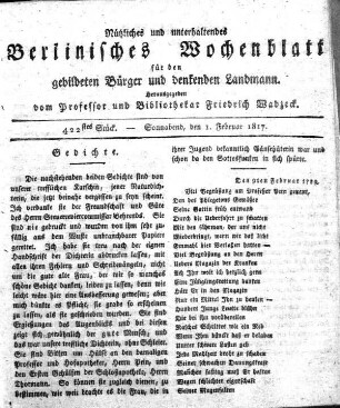 422stes Stueck, Sonnabend, den 1. Februar 1817
