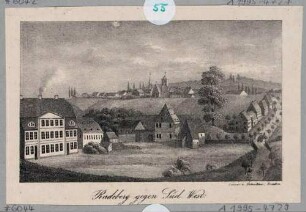 Stadtansicht von Radeberg bei Dresden nach Südosten, mit Blick auf die Stadtkirche, Blatt Teil einer Serie von Renner und Ketzschau