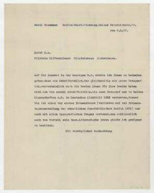 Brief von Raoul Hausmann an Ullstein Zifferndienst. Berlin
