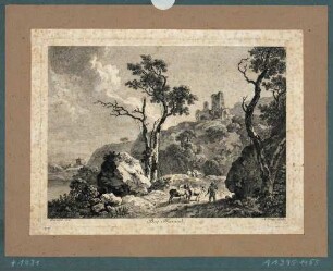 Blick über eine Kuhherde hinweg und zwischen Felsen hindurch auf die Burgruine Tharandt, aus Zinggs Kupferstichwerk