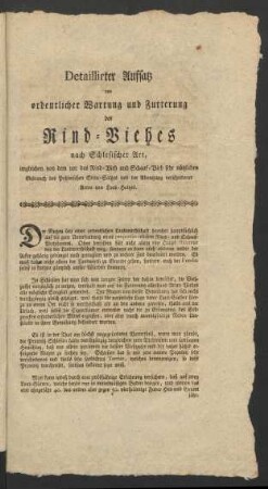 Detaillirter Aufsatz von ordentlicher Wartung und Futterung des Rind-Viehes nach Schlesischer Art, imgleichen von dem vor das Rind-Vieh und Schaaf-Vieh sehr nützlichen Gebrauch des Pohlnischen Stein-Saltzes und der Abnutzung verschiedener Arten von Laub-Holtzes [!]