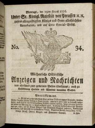 No. 34. Montags, den 19ten August 1776.