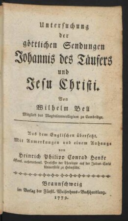 Untersuchung der göttlichen Sendungen Johannis des Täufers und Jesu Christi