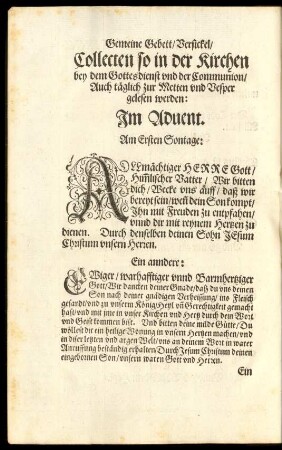 Collecten so in der Kirchen bey dem Gottesdienst und der Communion/ Auch täglich zur Metten und Vesper gelesen werden: