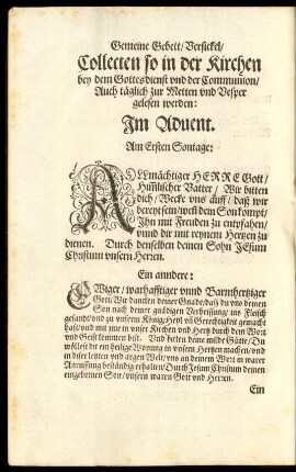 Collecten so in der Kirchen bey dem Gottesdienst und der Communion/ Auch täglich zur Metten und Vesper gelesen werden: