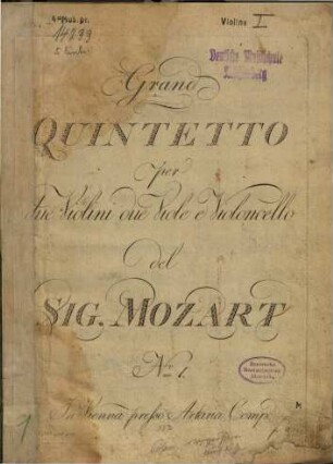 Grand QUINTETTO per due Violini due Viole e Violoncello del SIG. MOZART