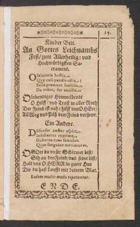 Kinder Bitt. An Gottes Leichnambs Fest/ zum Allerheilig: und Hochwürdigsten Sacrament.