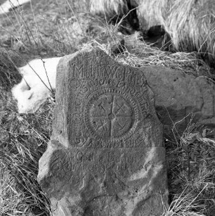Gedenkstein mit Inschrift und Mühlenemblem. Bezeichnet 1858. Vorderansicht. Altenberg-Schellerhau, Schellermühlenweg