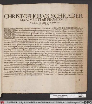 Christophorus Schrader Eloquentiae Professor Acad. Iuliae Studiosis Civibus S.D.