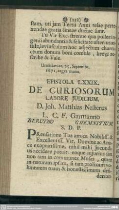 Epistola LXXIX. De Curiosum Labore Iudicium. D. Joh. Matthias Nesterus L. C. F. Garmanno Berutho Chemnitium