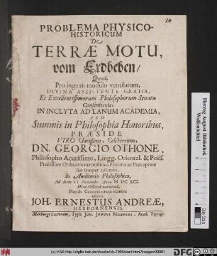 Problema Physico-Historicum De Terrae Motu, vom Erdbeben
