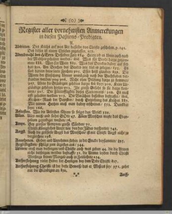 Register aller vornehmsten Anmerckungen in diesen Paßions-Predigten.