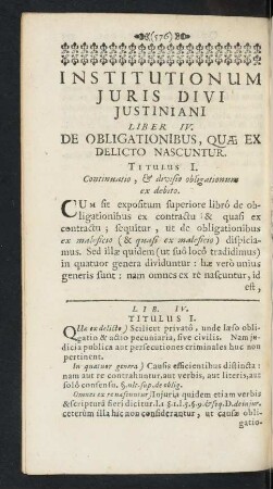 Institutionum Juris Divi Justiniani. Liber IV. De Obligationibus, Quae Ex Delicto Nascuntur.