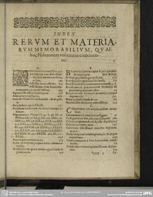 Index Rerum Et Materiarum Memorabilium, Quae hoc Psalmorum volumine continentur