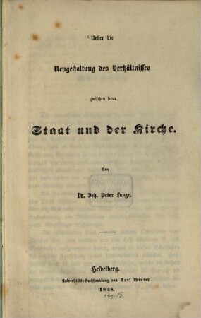 Über die Neugestaltung des Verhältnisses zwischen dem Staat und der Kirche
