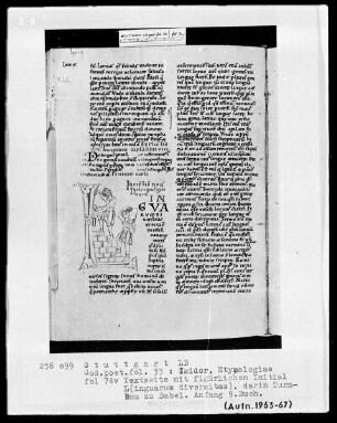 Isidor von Sevilla, Etymologiae — Initiale L (inguarum diversitas) mit dem Turmbau zu Babel, Folio 74verso