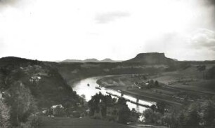 Rathen. Restaurant und Burgruine Altrathen. Blick über die Elbe zum Lilienstein