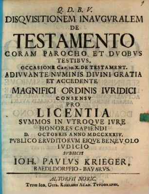 Disqvisitionem inavgvralem de testamento coram parocho et dvobvs testibvs
