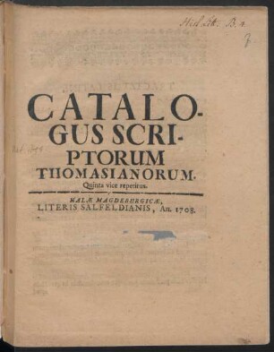 Catalogus Scriptorum Thomasianorum. Quinta vice repetitus