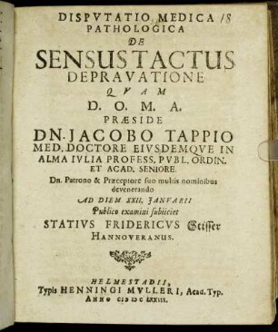 Disputatio Medica Pathologica De Sensus Tactus Depravatione