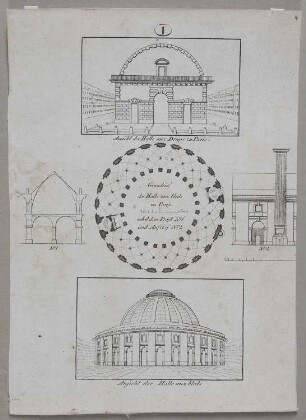 Paris: Kornhalle, 4 Darstellungen auf einem Blatt (Grund- und Aufriss sowie eine Ansicht)