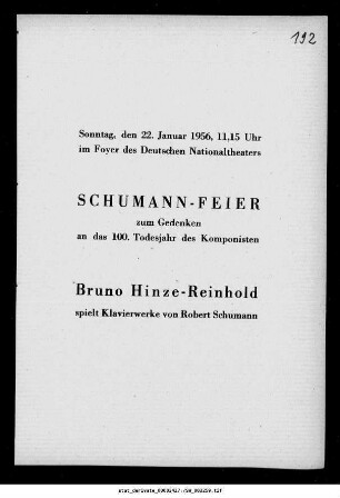 Schumann-Feier zum Gedenken an das 100. Todesjahr des Komponisten