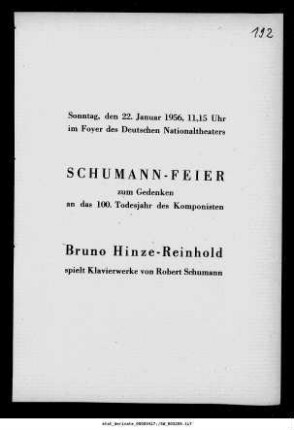 Schumann-Feier zum Gedenken an das 100. Todesjahr des Komponisten