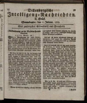 II. Stück. Sonnabends: den 11. Januar 1777.