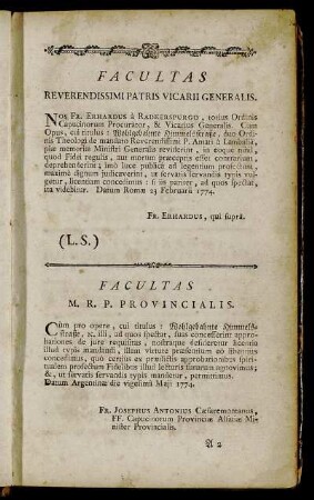Facultas Reverendissimi Patris Vicarii Generalis. - Approbatio Almæ Universitatis Episcopalis Argentinensis.