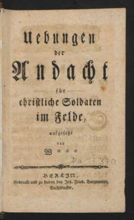 Uebungen der Andacht für christliche Soldaten im Felde