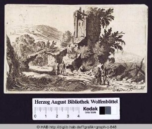 Wanderer vor einer Ruine inmitten einer Berglandschaft