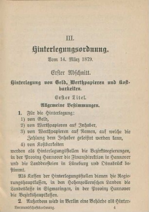 III. Hinterlegungsordnung. Vom 14. März 1879.