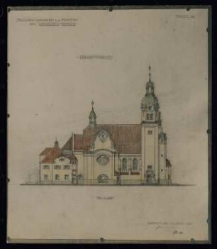 Projekt für eine Katholische Kirche, Berlin-Lankwitz: Entwurfszeichnung: Seitenansicht