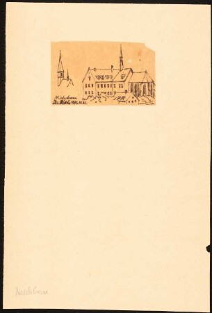 Kloster, Niederbronn: Durchzeichnung: Perspektivische Ansicht und Skizze Kirchturm, nach: Illustrirte Zeitung, 1871, S. 189, Nr. 32