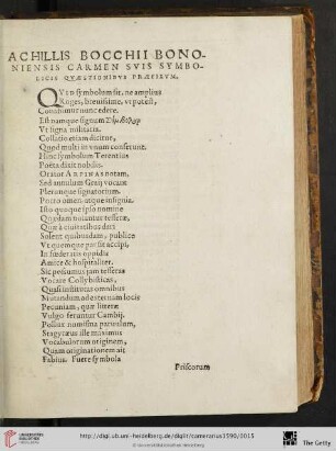 Achillis Bocchi Bononiensis Carmen suis symbolicis quaestionibus praefixum