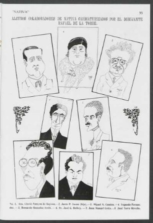 Algunos colaboradores de "Nativa" caricaturizados por el dibujante Rafael de la Torre.