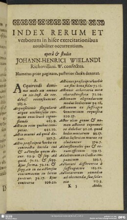 Index Rerum Et verborum in hisce exercitationibus notabiliter occurrentium