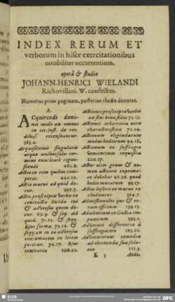 Index Rerum Et verborum in hisce exercitationibus notabiliter occurrentium
